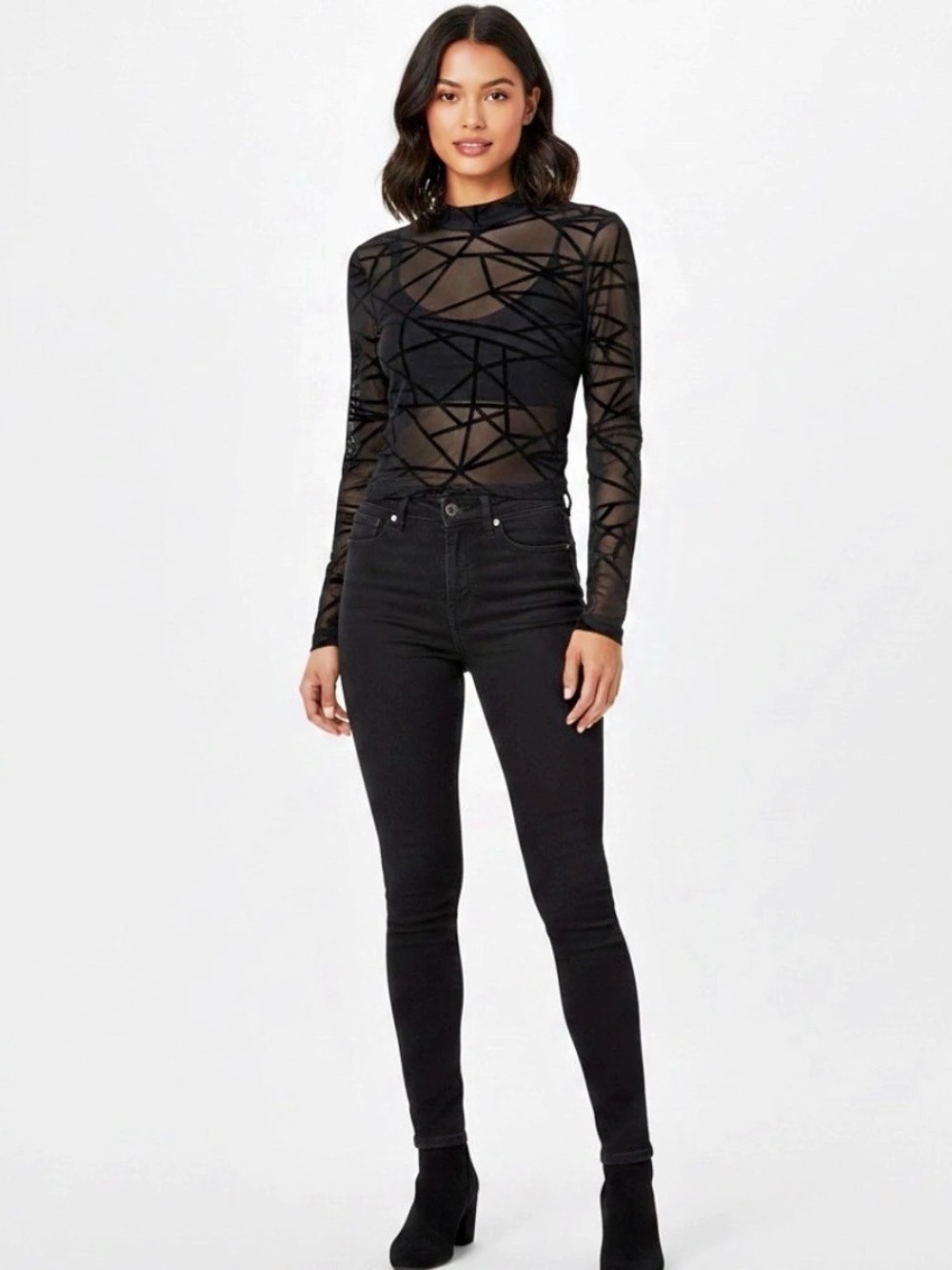 Geometric Mesh Long Sleeve Top in Black